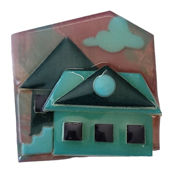 Lucinda Green Blue Pink House Pin L11 - Picture 8 of 8